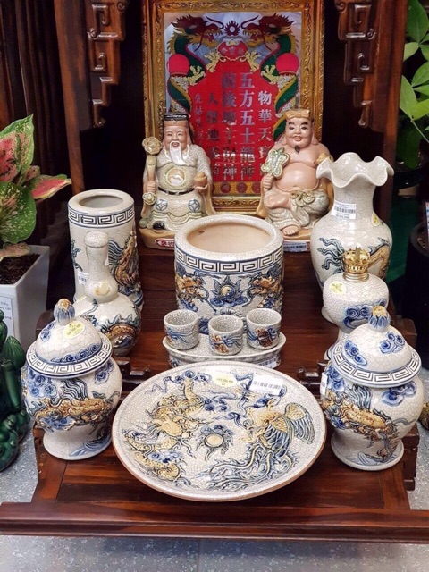 Bộ đồ thờ ban thần t&agrave;i đắp nổi rồng phượng