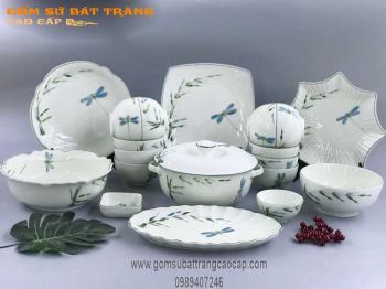 Bộ đồ ăn set 4 vẽ cảnh trúc chuồn men kem đun khử 19 món gốm sứ Bát Tràng