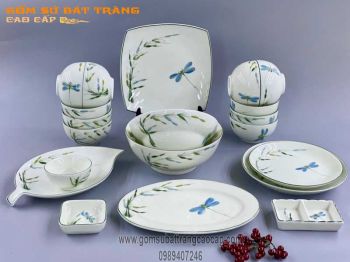 Bộ đồ ăn set 3 vẽ cảnh trúc chuồn men kem đun khử 20 món gốm sứ Bát Tràng