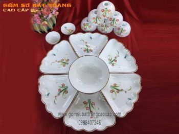 Bộ đồ ăn dáng mặt trời vẽ chuồn chuồn hoa cỏ men kem đun khử 15 món gốm sứ Bát Tràng