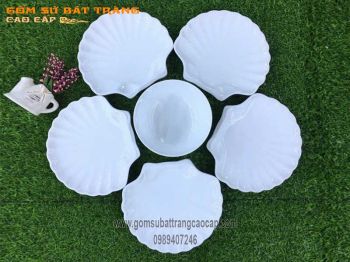 Bộ đồ ăn đĩa sò men trắng đun khử 6 món gốm sứ Bát Tràng