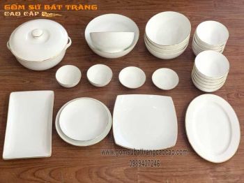 Bộ đồ ăn sét 1 vẽ viền vàng men trắng đun khử 24 món gốm sứ Bát Tràng
