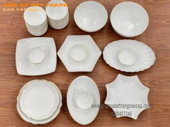 Bộ đồ ăn set 2 vẽ viền vàng men trắng đun khử 23 món gốm sứ Bát Tràng