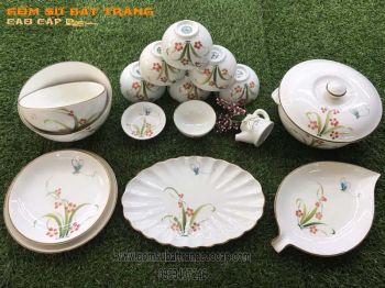 Bộ đồ ăn set 3 vẽ chuồn chuồn hoa cỏ đun khử men kem 14 món gốm sứ Bát Tràng