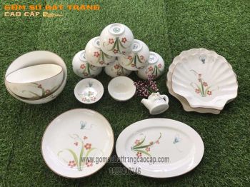 Bộ đồ ăn set 4 vẽ cảnh chuồn chuồn hoa cỏ men kem đun khử 14 món gốm sứ Bát Tràng