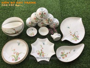 Bộ đồ ăn vẽ chuồn chuồn hoa cỏ men kem đun khử 15 món gốm sứ Bát Tràng