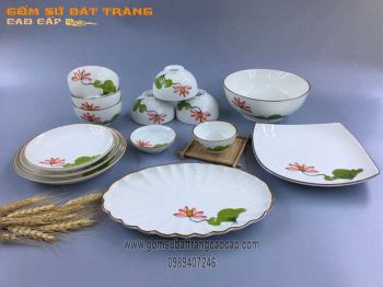 Bộ đồ ăn vẽ sen hồng men kem đun khử 14 món gốm sứ Bát Tràng