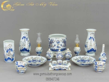 Bộ Đồ Thờ Cúng Men Lam Vẽ Vàng Mẫu 2 Gốm Sứ Bát Tràng