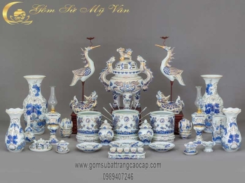 Bộ Đồ Thờ Cúng Men Lam Vẽ Vàng Mẫu 1 Gốm Sứ Bát Tràng