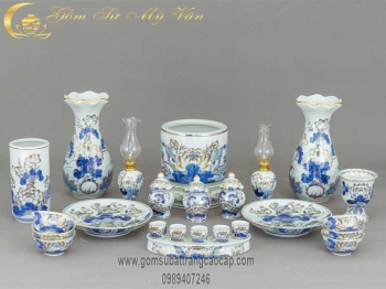 Bộ Đồ Thờ Cúng Men Lam Vẽ Vàng Mẫu 3 Gốm Sứ Bát Tràng