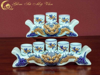 Bộ Đồ Thờ Cúng Men Lam Cổ Đắp Nổi Mẫu 5 Gốm Sứ Bát Tràng