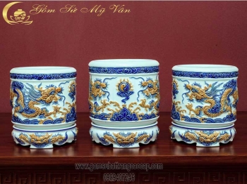 Bộ Đồ Thờ Cúng Men Lam Cổ Đắp Nổi Mẫu 2 Gốm Sứ Bát Tràng