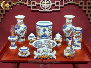 Bộ Đồ Thờ Cúng Men Lam Cổ Đắp Nổi Mẫu 5 Gốm Sứ Bát Tràng