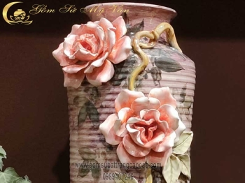 Bình Hoa Vuốt Tay Hoa Mẫu Đơn Gốm Sứ Bát Tràng