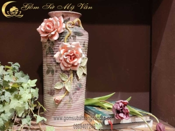 Bình Hoa Vuốt Tay Hoa Mẫu Đơn Gốm Sứ Bát Tràng