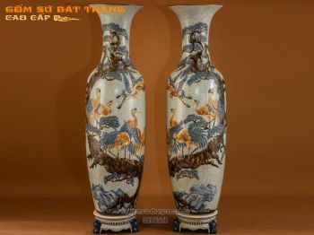 Lọ lục bình bách hạc quần tùng đắp nổi men rạn cao 165cm- hàng nghệ nhân- Gốm sứ Bát Tràng