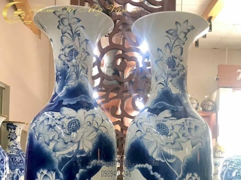 Lọ Lộc Bình Sen Hạc Lam đun khử cao cấp Gốm Sứ Bát Tràng