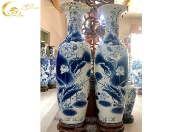 Lọ Lộc Bình Sen Hạc Lam đun khử cao cấp Gốm Sứ Bát Tràng