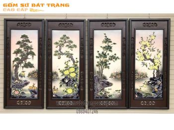 Tranh tứ quý- Tùng Cúc Trúc Mai Khung gỗ thông men màu đắp nổi hàng nghệ nhân-Gốm sứ Bát Tràng